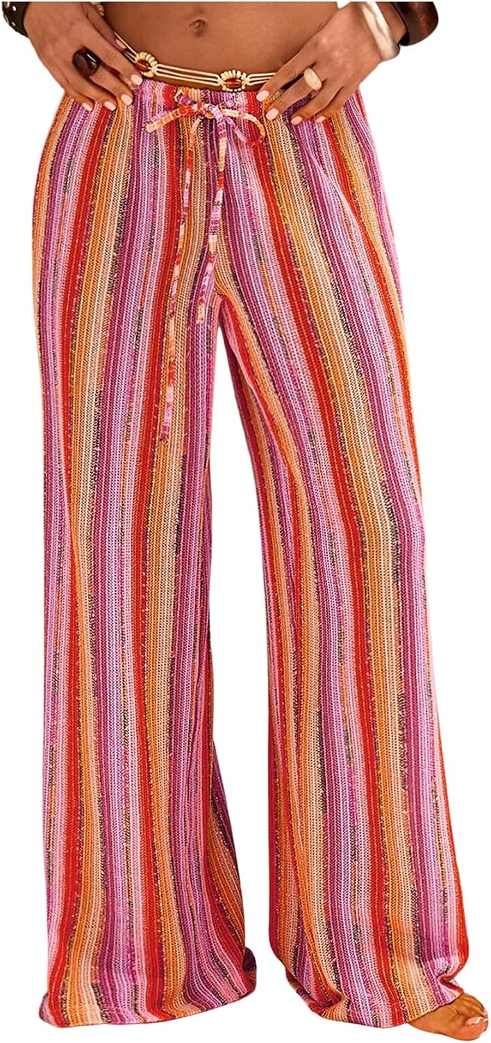 Verdusa Women's Boho Striped Pants Wide Leg Beach Trousers Resort Wear