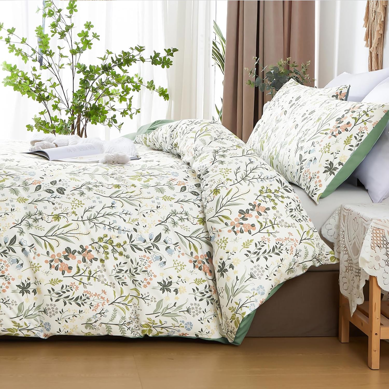 Green Floral Duvet Cover Queen Size Botanical Comforter Kids Boys Girls 3 Pieces Garden Style Vintage Flower Aesthetic Chic Soft Microfiber Bedding Set with Zipper Ties - Image 2