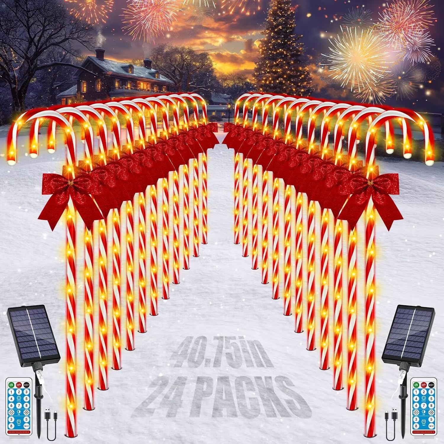 Christmas Solar Candy Cane Pathway Lights, 24PCS 240LED