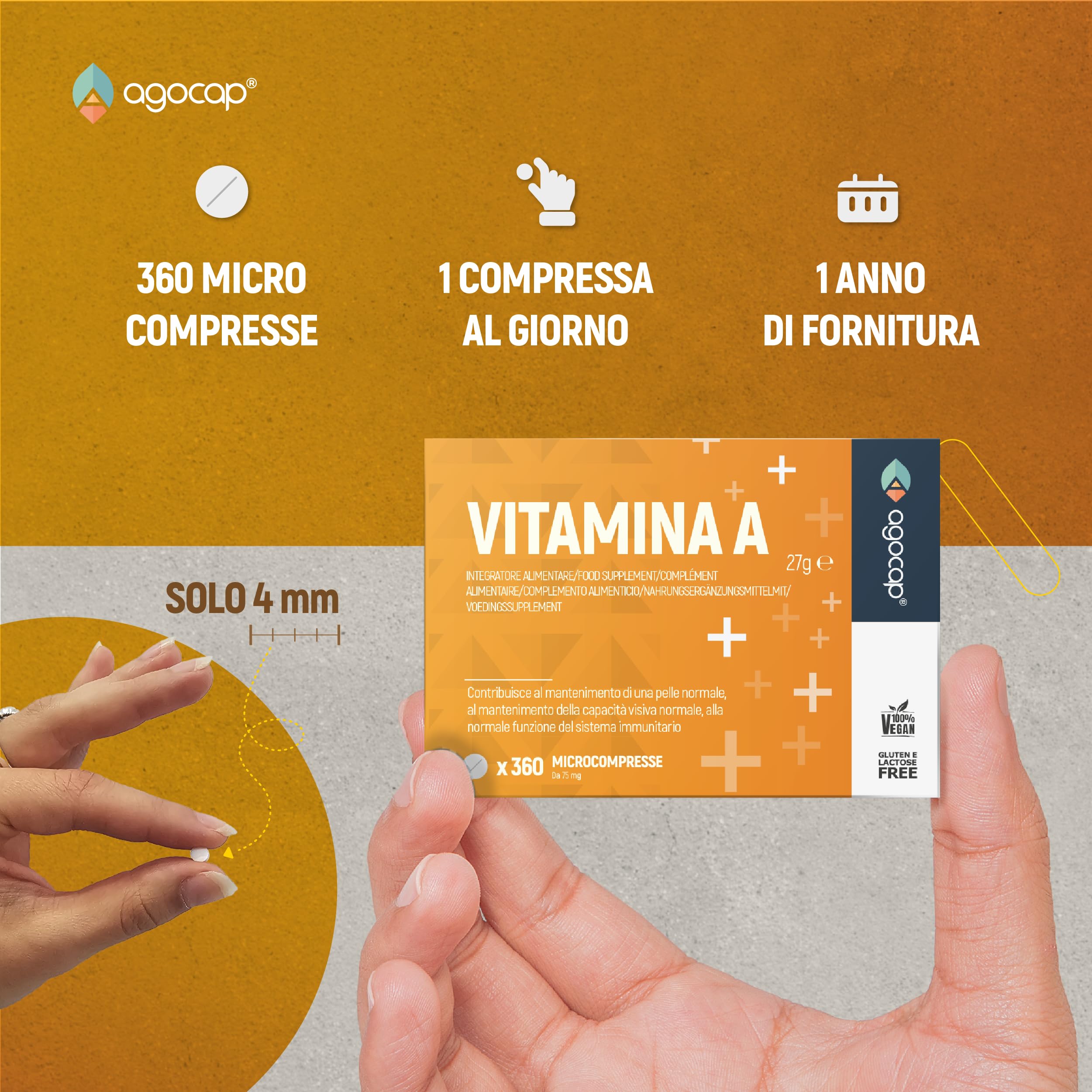 Vitamina A pura, 360 microcompresse ad alto dosaggio | 1200mcg per compressa di Vitamina A, 4000ui ad alta biodisponibilità | Agocap, Integratore Vitamin A, fatto in Italia