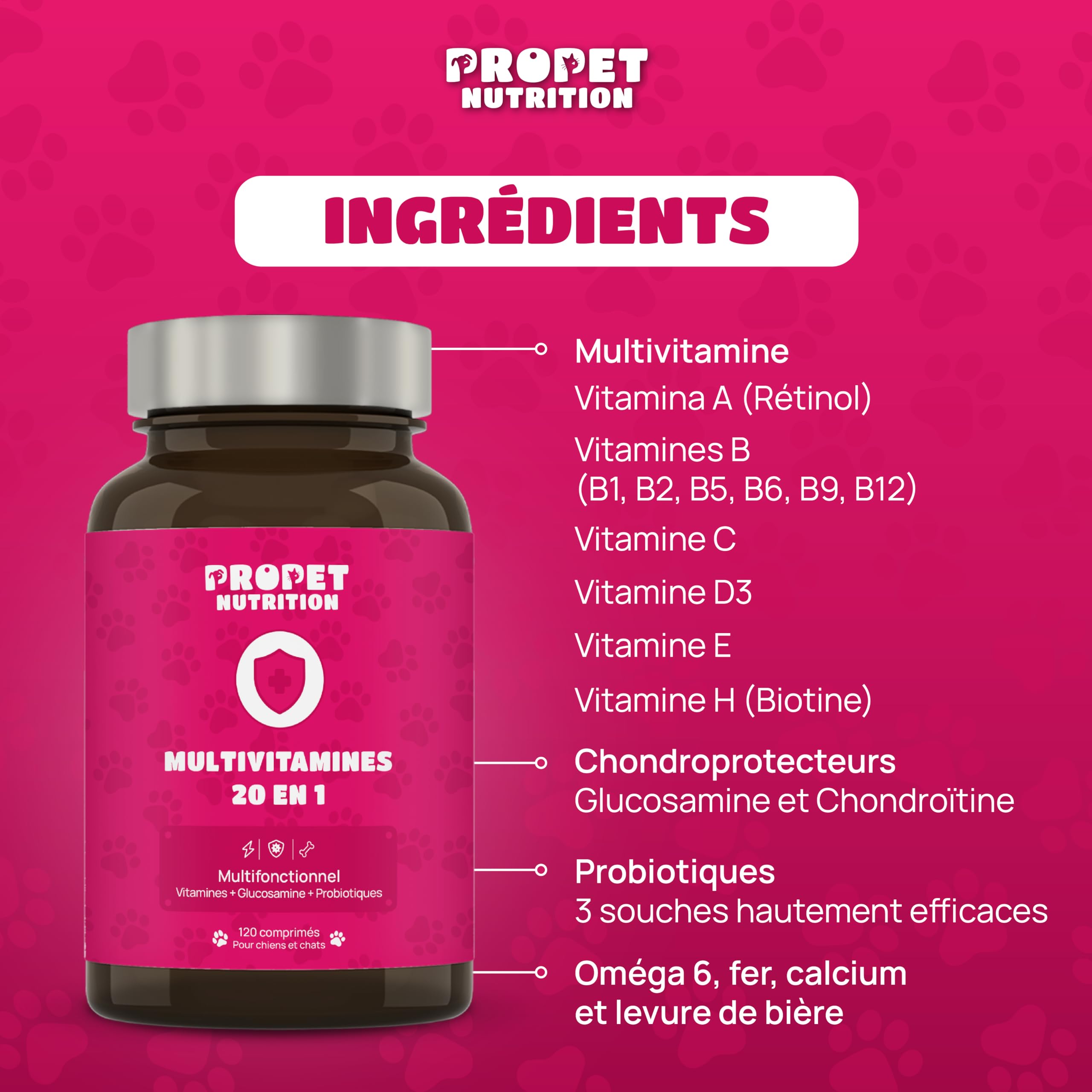 Complement Alimentaire Chien et Chat 20 en 1. Vitamines, Probiotique et Glucosamin Anti Arthrose. VIT A, B, C, E, H, Omega 6, Levure de bière + Fer. 100% Naturel. Effet Anti Inflammatoire. 120 Doses