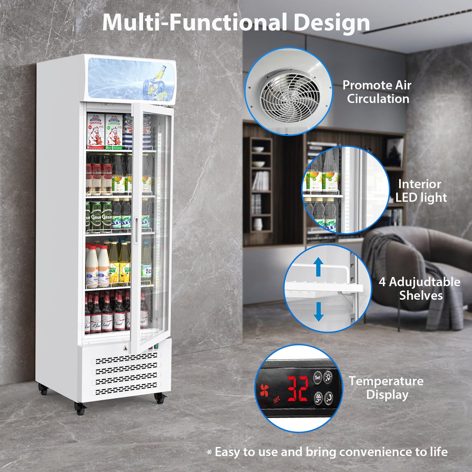 Garvee Dual-Layer Glass Door Beverage Merchandiser, 11.9 Cu.Ft - Commercial Display Refrigerator with Soft LED Lighting, 4 Adjustable Shelves, Energy Efficient for Cafe, Restaurant on Fridge.com