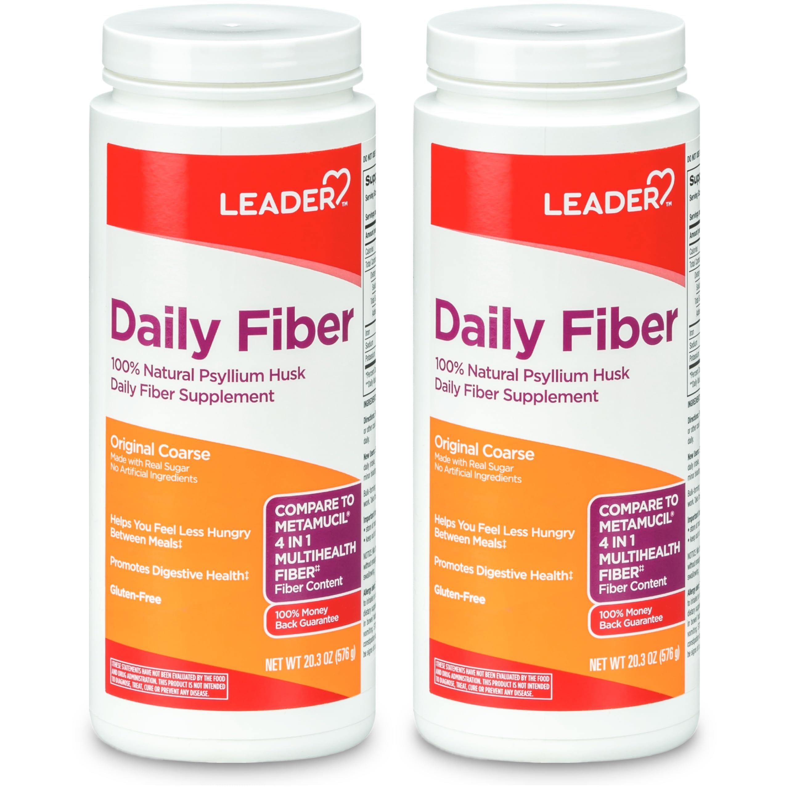 LEADER Psyllium Husk Powder Supplement 4-in-1 Fiber for Digestive Health, Plant Based 100% Natural Psyllium Husk Daily Fiber, Gluten Free, Non-GMO, Compare to Metamucil 20.3 OZ (Pack of 2)