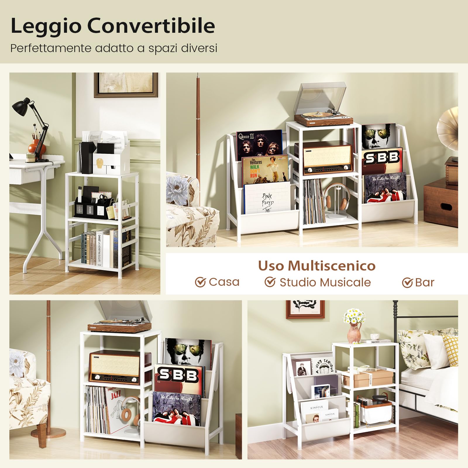 COSTWAY Supporto per Giradischi per Vinili, Porta Giradischi Vinili Fino a 200 Album con 3 Ripiani, 6 Tasche di Archiviazione e Struttura in Metallo, per Casa Studio e Caffè, 125x30x69 cm (Bianco)