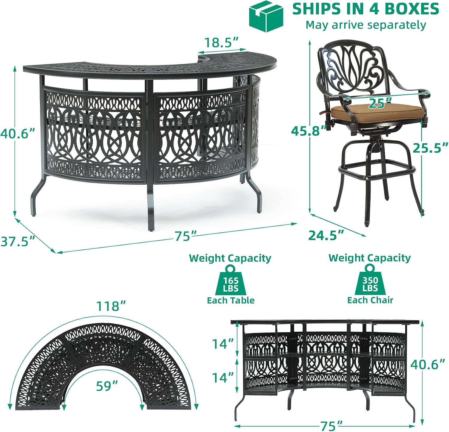VIVIJASON 5-Piece Patio Bar Set, 75" Cast Aluminum Half Moon Bar Table with 2-Tier Storage, 4 Swivel Bar Stools & Cushions, All-Weather Large Party Bar Set for Garden, Poolside, Backyard