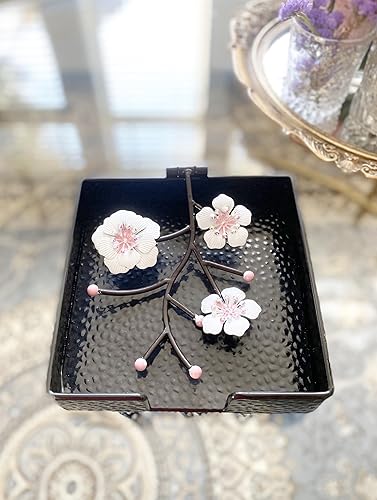 Miniatura 7 de Chez Juju Servilletero cuadrado plano negro con flores de orquídeas blancas y rosas  Brazo pesado con bisagras de metal con bisagras  Bandeja