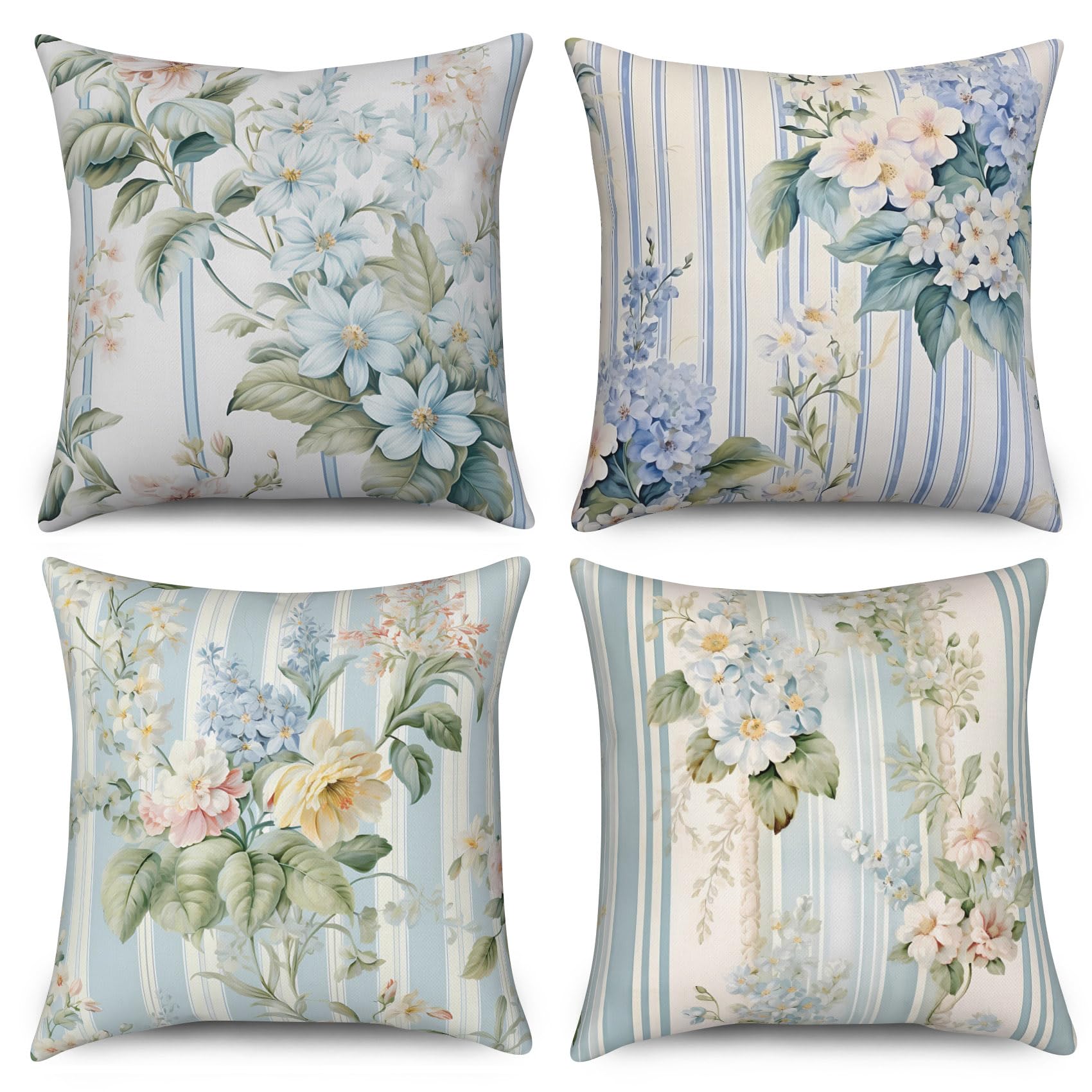 ASDCXZ Flower Pillow Cover Set 45x45 cm 4pcs, Retro Stripe Blue Yellow Rose Leaves Sofa Deco, Washable Polyester Flax Textile Outdoor โ image 1