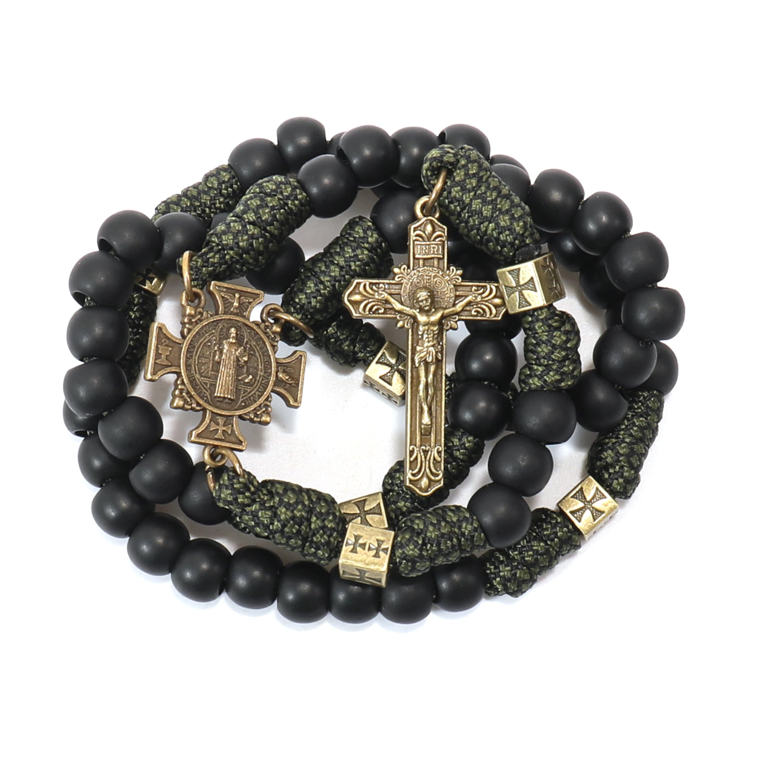 Antique Bronze Metal Rugged Durable Paracord Rosary Necklace Black Matte Prayer Beads with Saint Medal and Crucifix