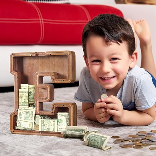 Miniatura 5 de SummiDate Alcancía de madera extra grande  Hucha para niños y niñas  Alfabeto E  Banco de dinero  Banco de monedas de cumpleaños para niños  Regalo