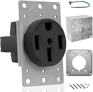 NEMA 14-50 Electrical Box Kit – 50 Amp RV Outlet Box with Dryer Receptacle, Cover Plate, Green Ground Wire – Heavy-Duty 240V Outlet Receptacle for Dryer or EV Charging, Outdoor or Indoor Use