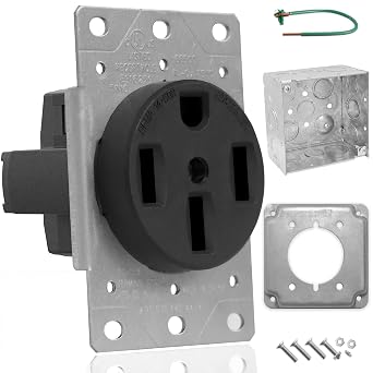 NEMA 14-50 Electrical Box Kit 50 Amp RV Outlet Box with Dryer Receptacle, Cover Plate, Green Ground Wire Heavy-Duty 240V Outlet Receptacle for Dryer or EV Charging, Outdoor or Indoor Use