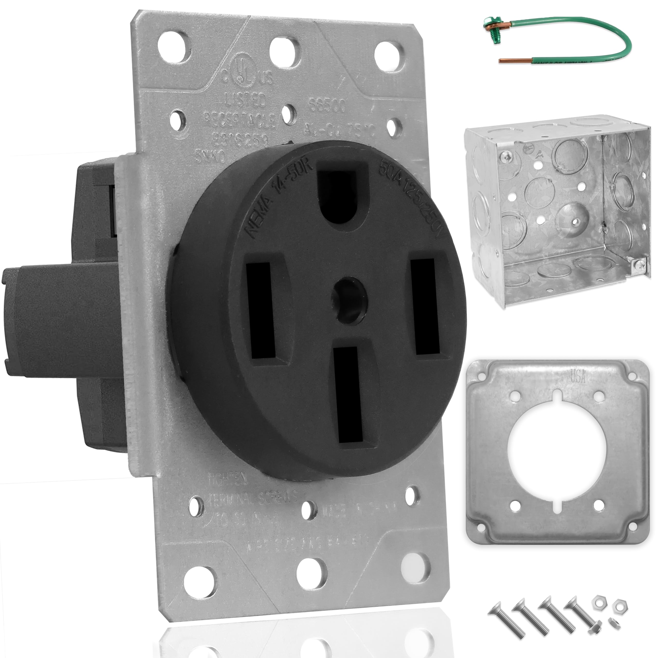 NEMA 14-50 Electrical Box Kit – 50 Amp RV Outlet Box with Dryer Receptacle, Cover Plate, Green Ground Wire – Heavy-Duty 240V Outlet Receptacle for Dryer or EV Charging, Outdoor or Indoor Use