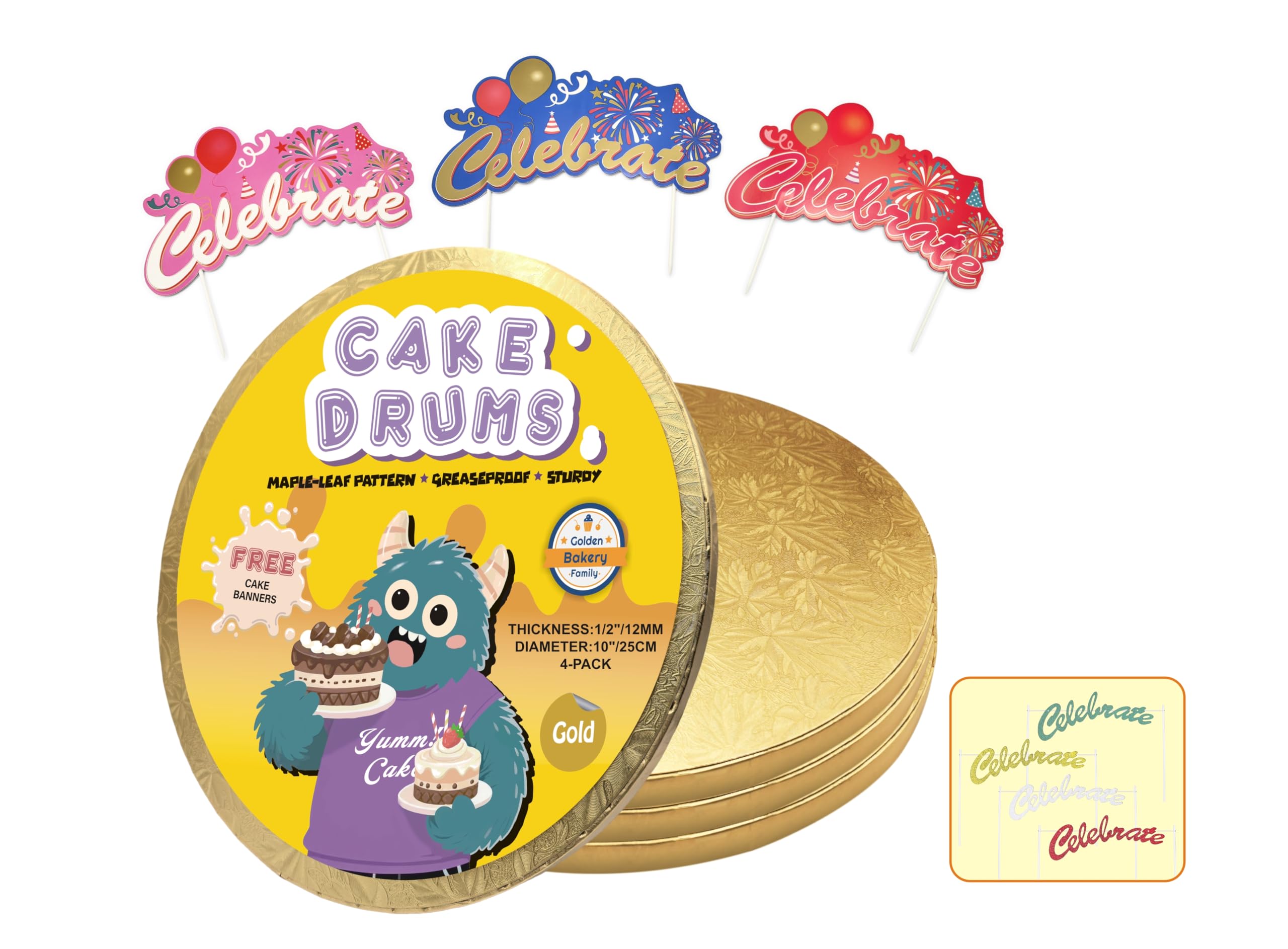 Tambores para tartas de 10 pulgadas, tableros dorados redondos de 10 pulgadas (paquete de 4), tablas de pastel de 1/2 pulgada de grosor con decoración para tartas, resistentes, a prueba de grasa para