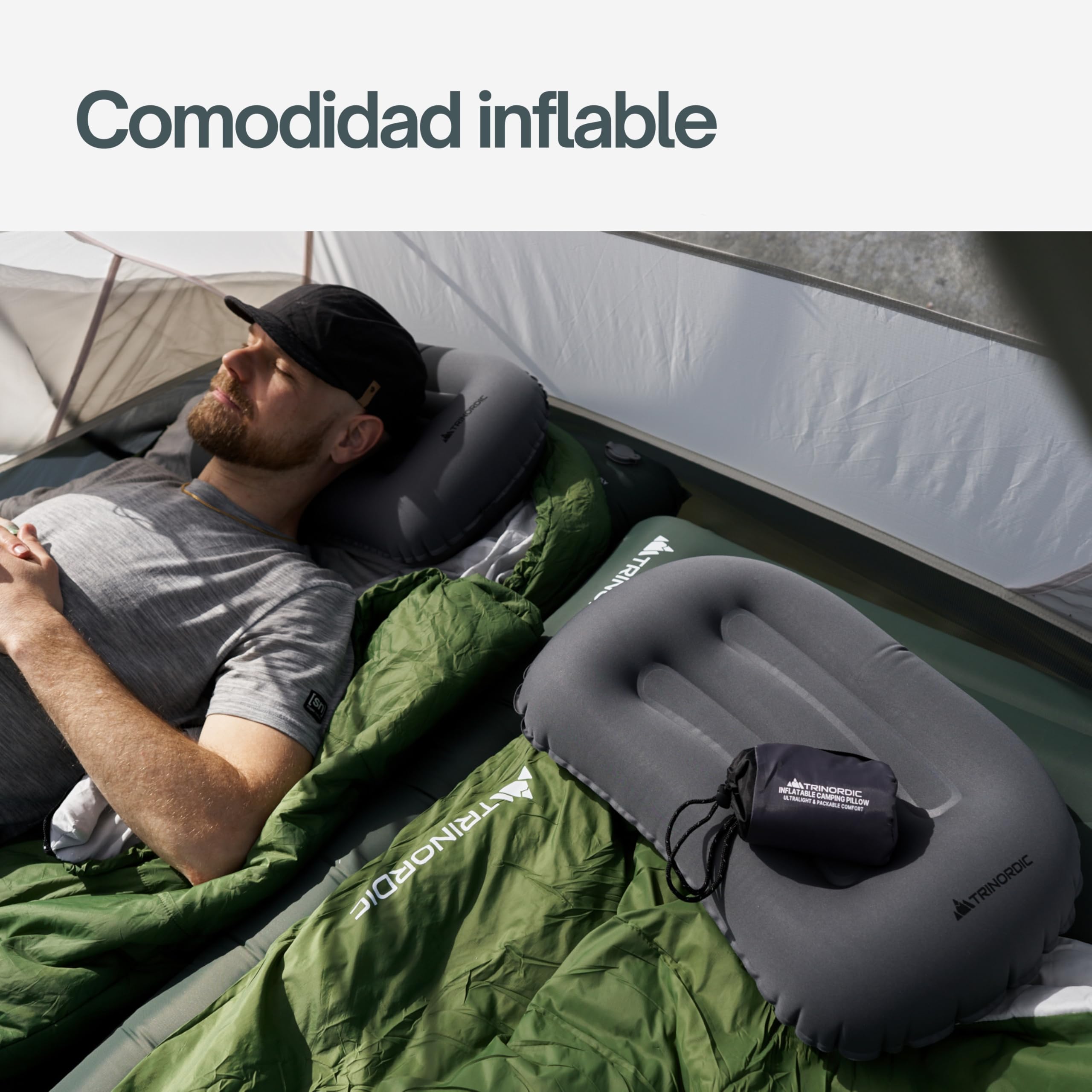 Trinordic Almohada Hinchable Ultraligera Camping – Funda Suave y Válvula Ajustable – Almohada Viaje Cómoda y Compacta – Accesorio para Senderismo, Mochilero y Bikepacking