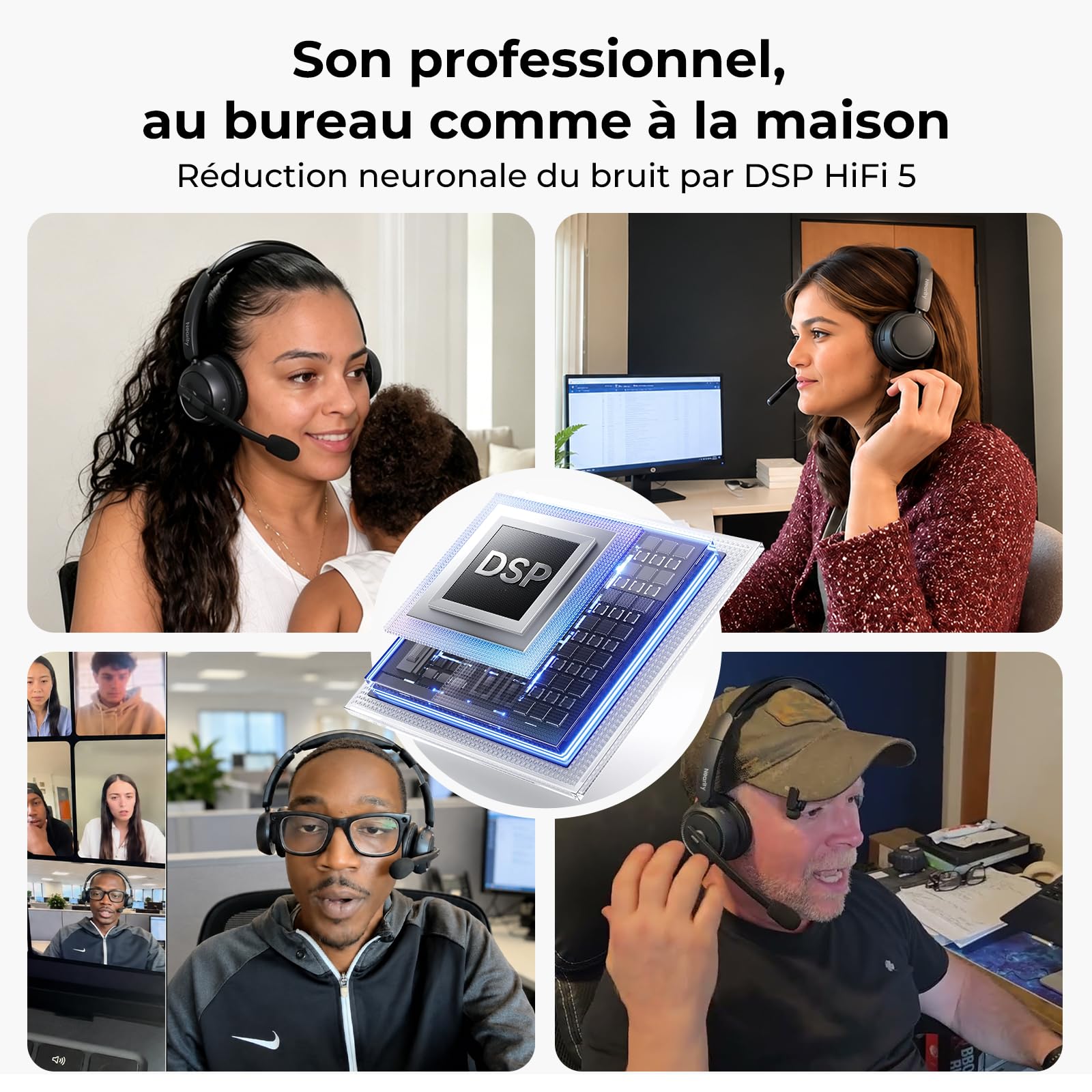 NEARITY EP320 Casque sans Fil avec Micro pour Le Travail, Casque Bluetooth avec Réduction de Bruit, Type-A Dongle pour PC, Station de Charge & Réduction de Bruit pour Bureau/Maison/Call Center