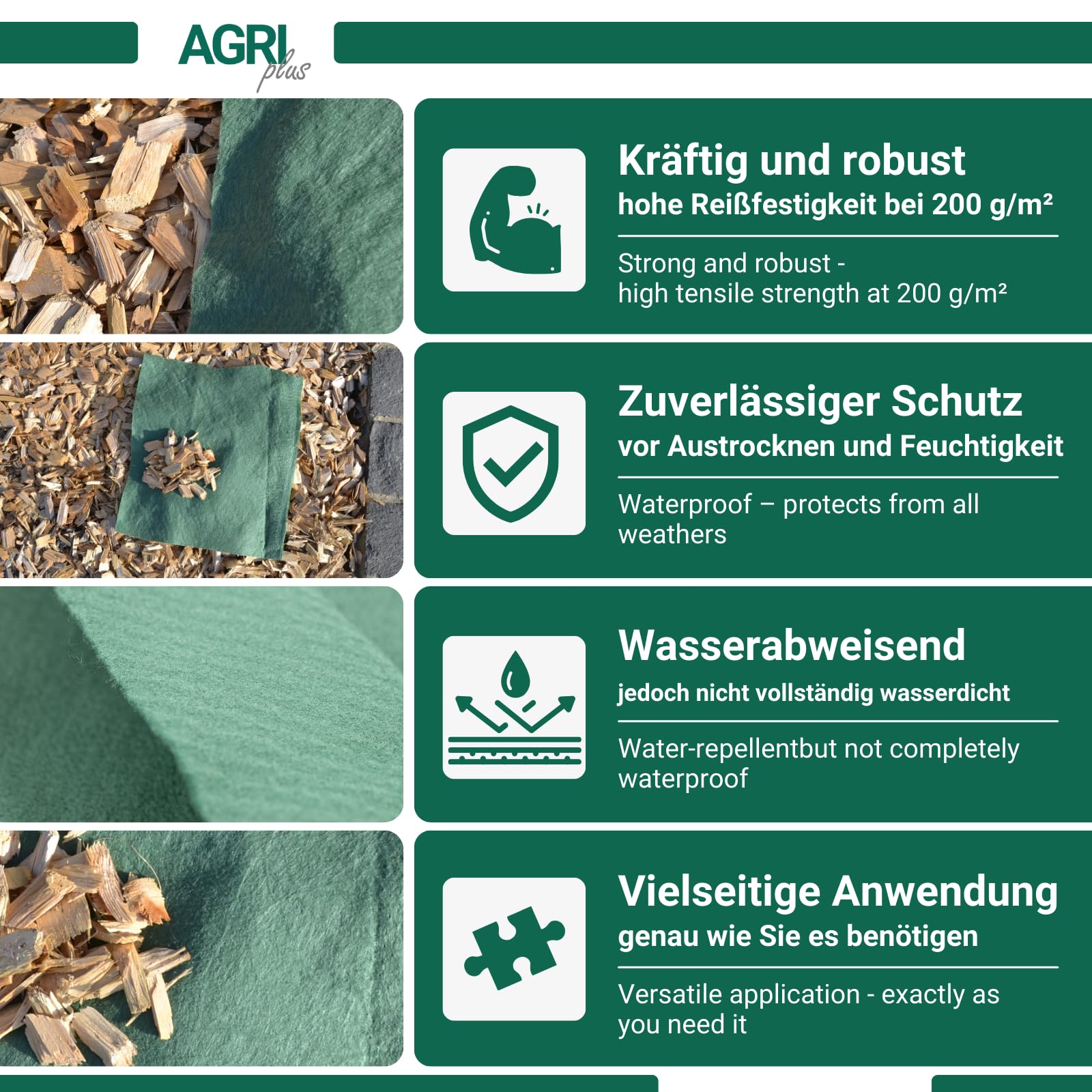 AGRI plus Hackschnitzelvlies I 4 x 6 m I Verschiedene Maße I Reißfestes 200 g/m² Abdeckvlies für Hackschnitzel I Vlies für langfristigen Schutz I Hackschnitzel-Abdeckung wetterfest & UV-beständig