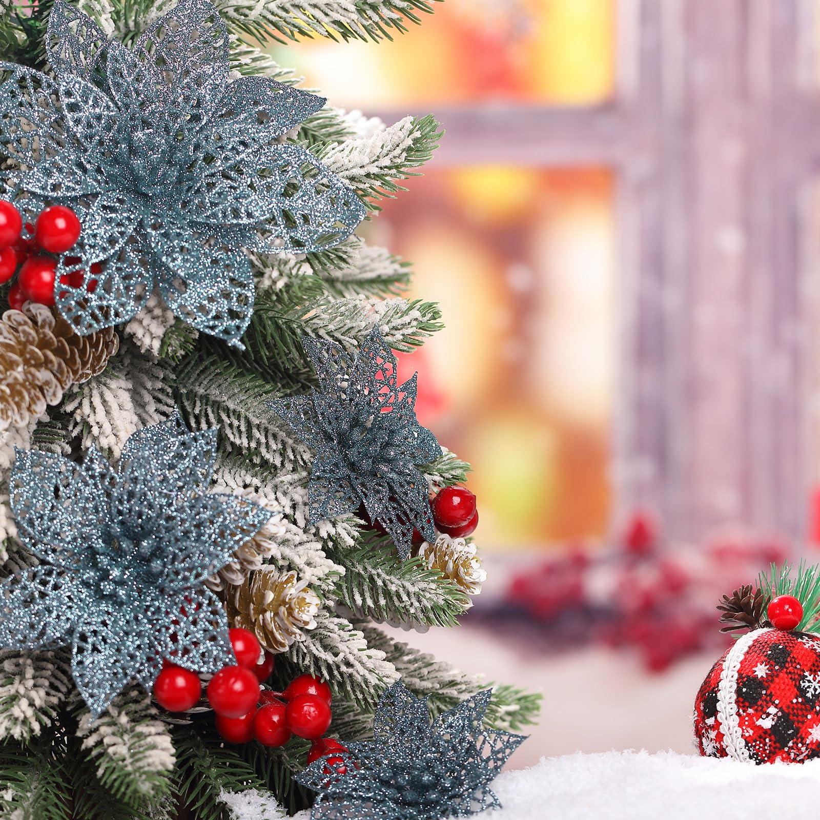 Boao 24 Pieces Glitter Poinsettia Christmas Tree Ornament Christmas Flowers Decor Ornament, 3/4/6 Inches (Dusty Blue) - Image 4
