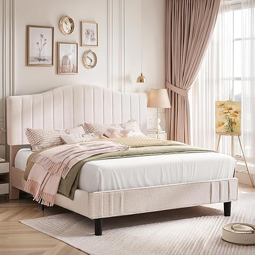 VECELO Base de cama tapizada para camas de tamaño matrimonial con cabecera de tela de peluche ajustable en altura, soportes de listones de madera