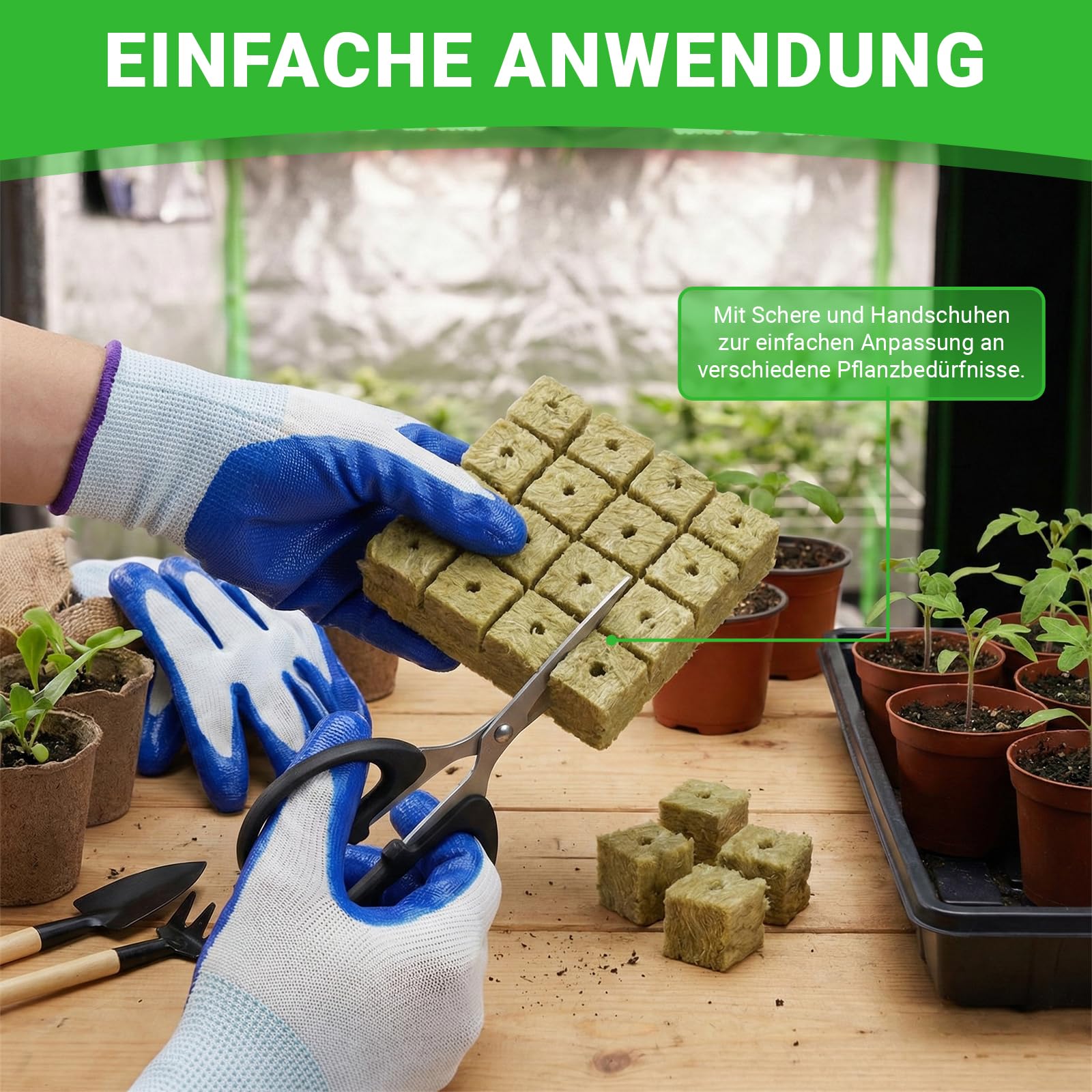 100 sztuk wełny mineralnej, 25 x 25 x 25 mm, Rockwool Cube z nożyczkami, rękawice, Easy Plug kostki do uprawy wełny kamiennej, zestaw do uprawy sadzonek, sadzonek, bezdennych