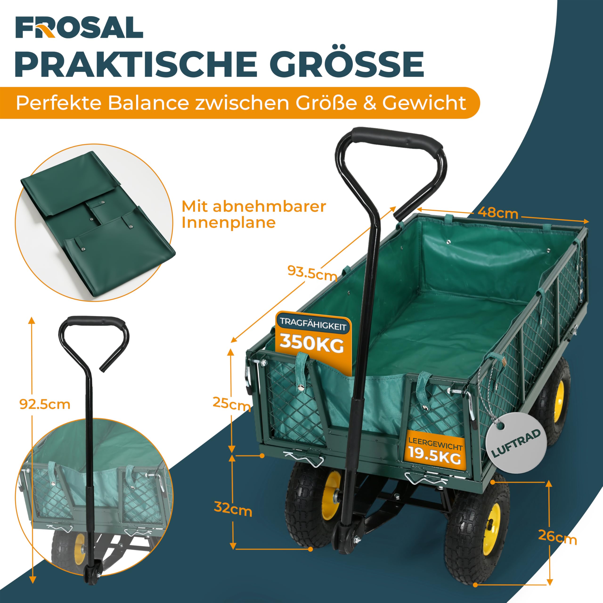 FROSAL Transportwagen Phil mit Lufträdern – Gartenwagen mit klappbaren Seitenwänden – Eigengewicht 19,5 kg – bis 350 kg Tragkraft – Maße 96,5×50,5×56,5 cm – Reifen Ø 26 cm – Stahlrahmen mit Innenplane