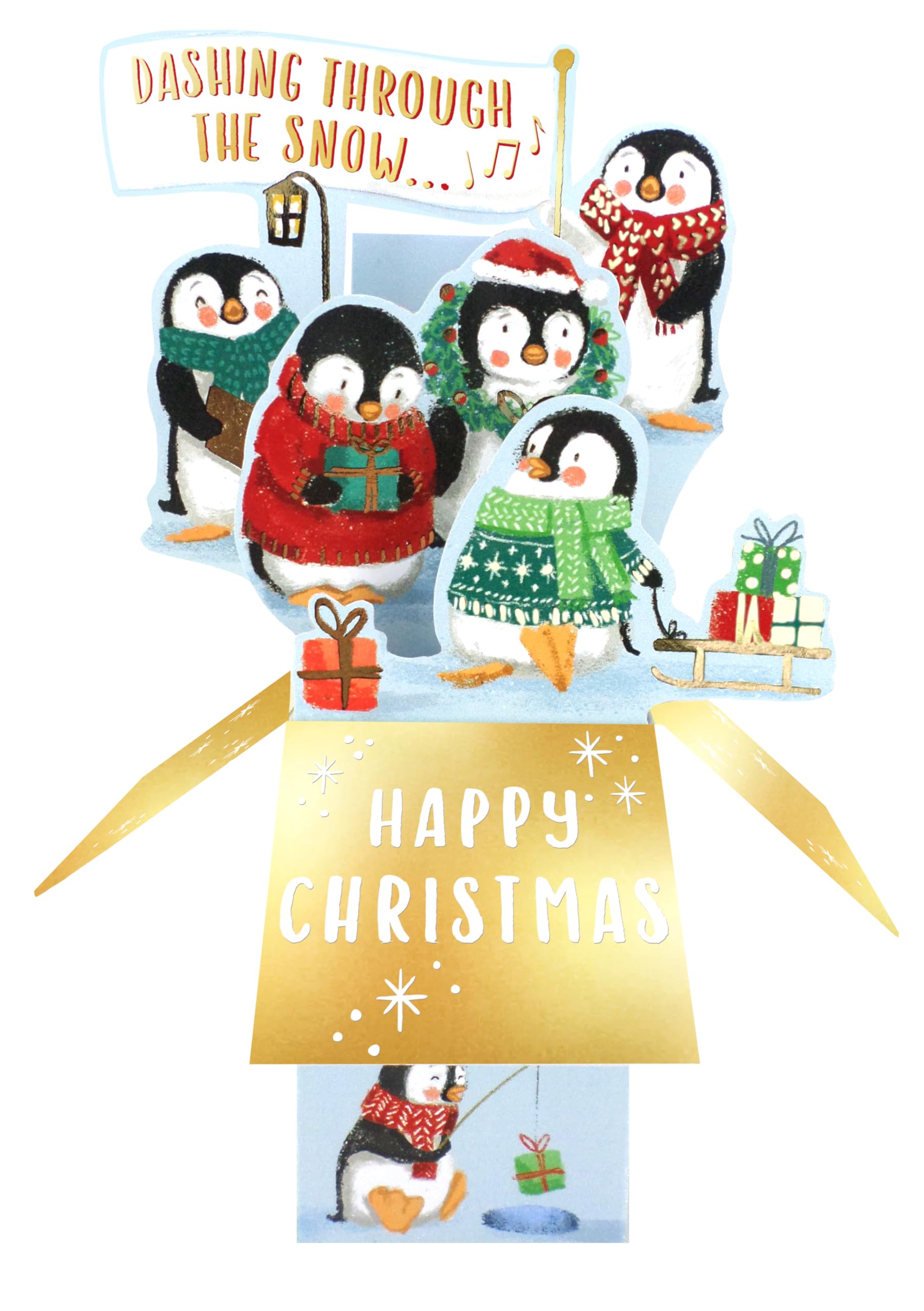 Clever Cubes Pop Up Happy Christmas Penguins Christmas Card 3D Xmas Card XCU006, Red and Green, 13cm x 23.5cm or 5.5" x 9"