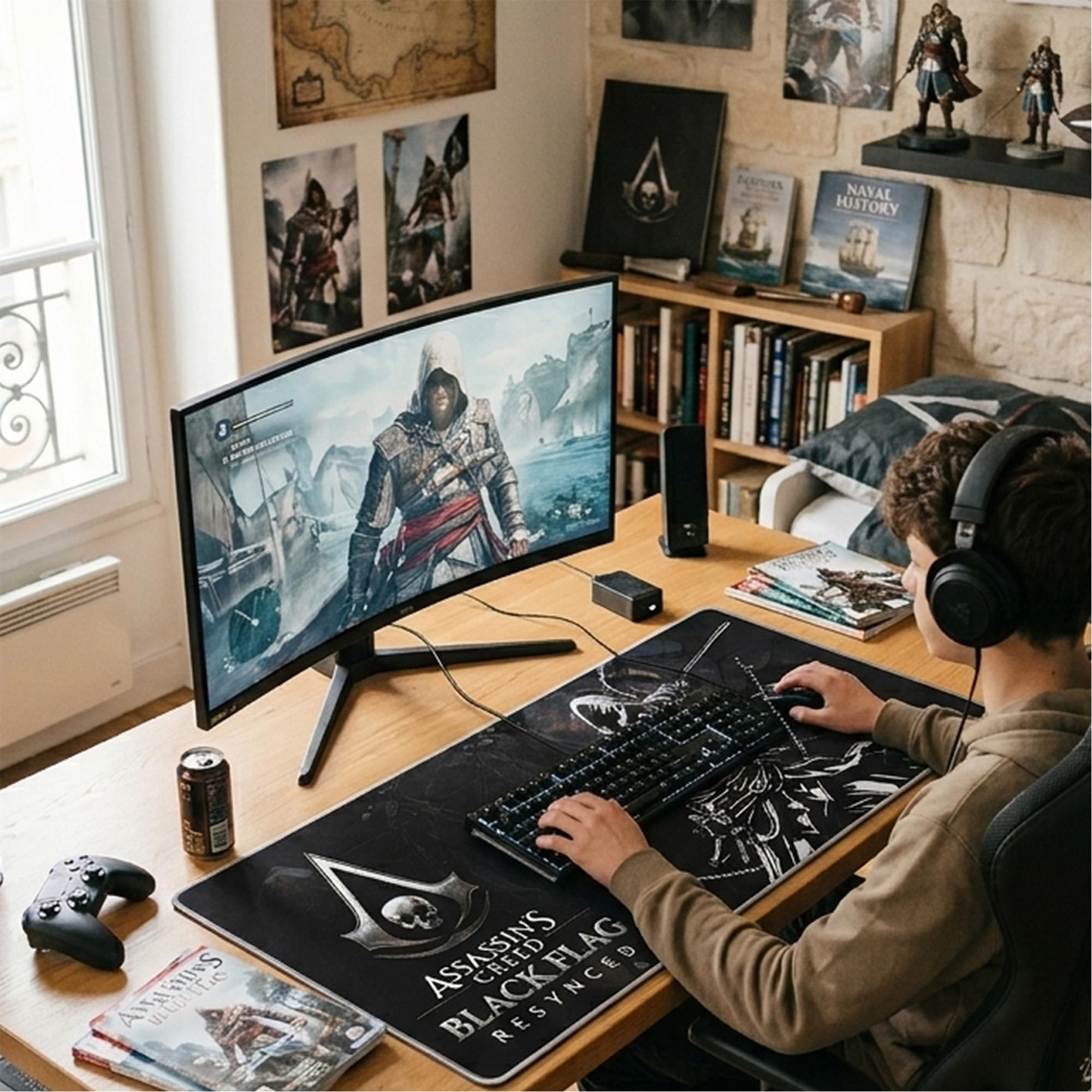 Subsonic - Tappetino per Mouse XXL Assassin’s Creed Black Flag - Tappetino da Scrivania 90x40 cm – Tappetino con Superficie Liscia Ottimizzata per Sensori del Mouse, base Antiscivolo, Stabile