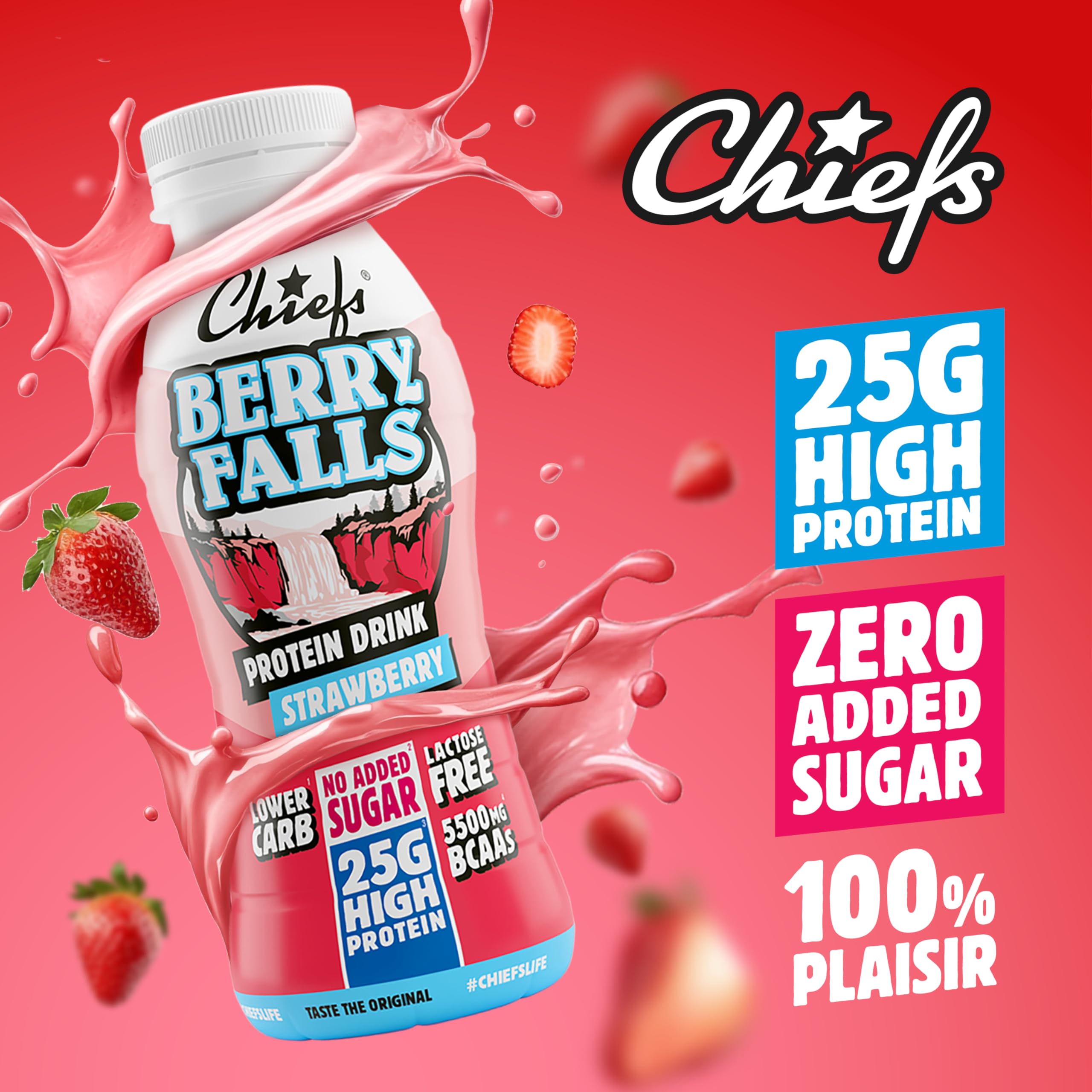 Chiefs® Milk Protein Drink avec 25 g de protéines et BCAA • Shake riche en protéines et faible en glucides, sans lactose et sans sucres ajoutés • 8 x 330 ml (Berry Falls)