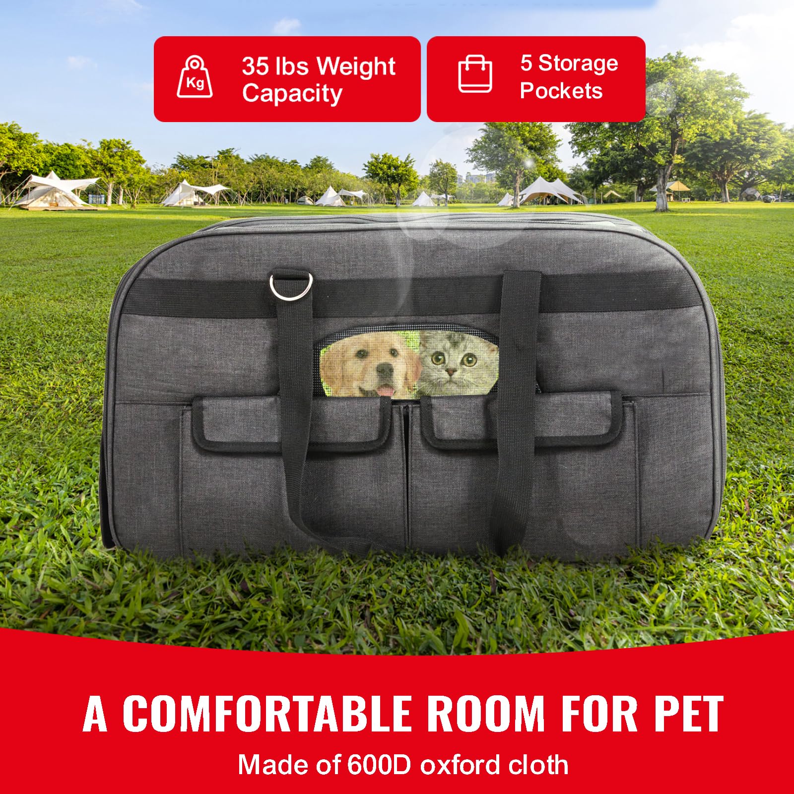 Happybuy Cat Carrier with Wheels, Rolling Pet Carrier with Telescopic Handle and Shoulder Strap, Dog Carrier for Pets up to 35 lbs, Includes Folding Bowl, Black