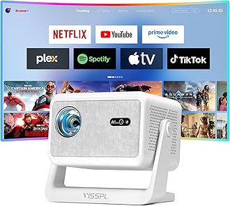 【Compatible with Netflix & Auto focus 】VISSPL Smart Projector with WiFi and Bluetooth, Auto Focus & Keystone Protable Mini Projector with Stand, 4K Home Theater Projector