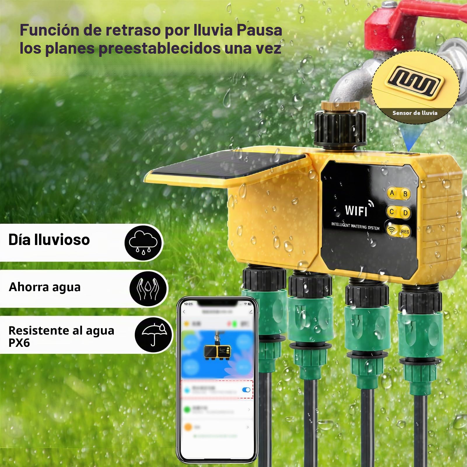 Temporizador Riego Solar, 4 Zonas WiFi Controlador Válvula Agua Solar Inteligente Control Aplicación Sensor Lluvia Temporizador Agua para Patio Exterior Jardín Playas Patio