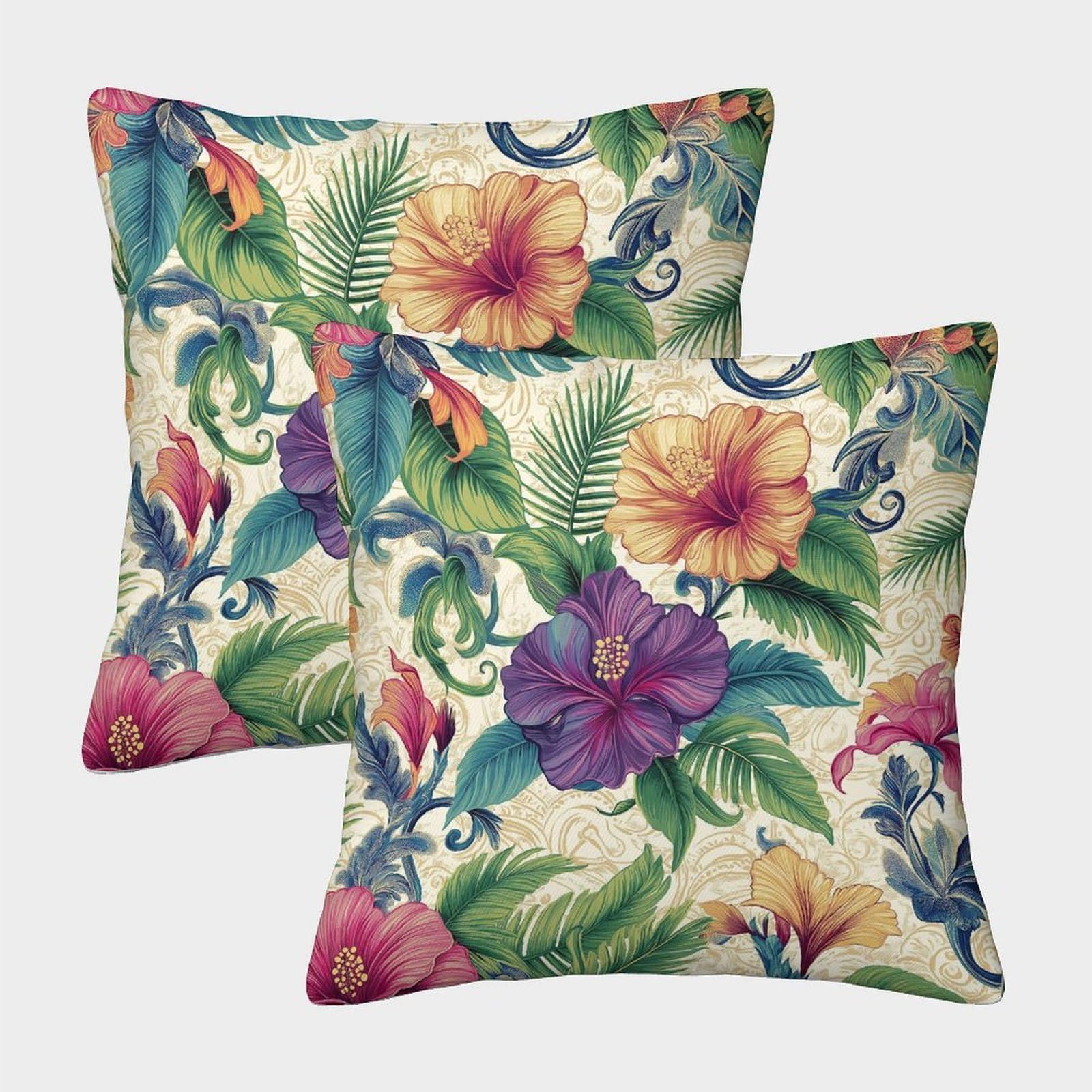 kaiyun 2 Pack Tropical Style Personalised Cushion Cover Hibiscus Flowers Orchids Palm Leaves Vines Home Sofa Decoration 40x40cm Pillow Covers