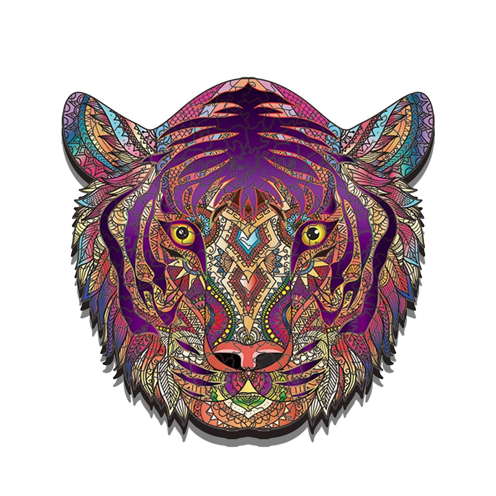 X spring Wooden Jigsaw Puzzles, 214 PCS 3D Wooden Animals Shaped Puzzles, Best Gift for Adults and Kids DIY Puzzle Piece, Colorful Unique Shaped Tiger Puzzles 26x27.4cm, Medium (Tiger)