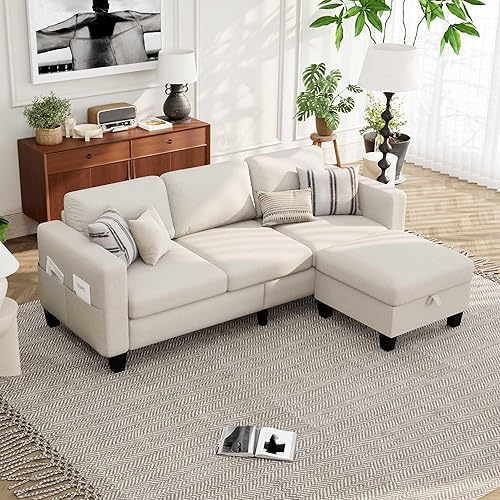 Sofá modular para sala de estar, sofá moderno en forma de L de lino blanco roto de 3 asientos con otomana de almacenamiento reversible y bolsillos