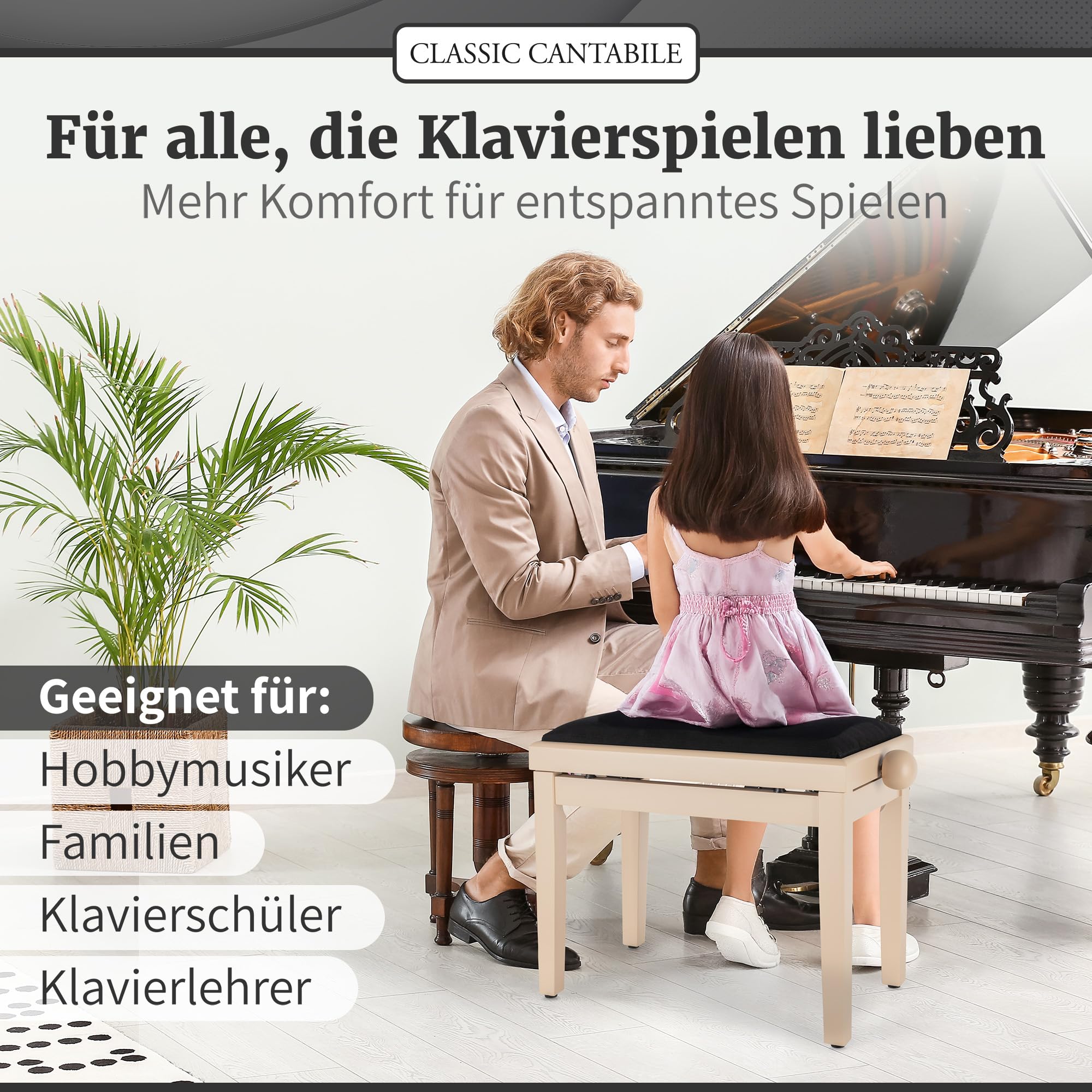 Classic Cantabile banqueta para Piano en Color Blanco Crema Mate