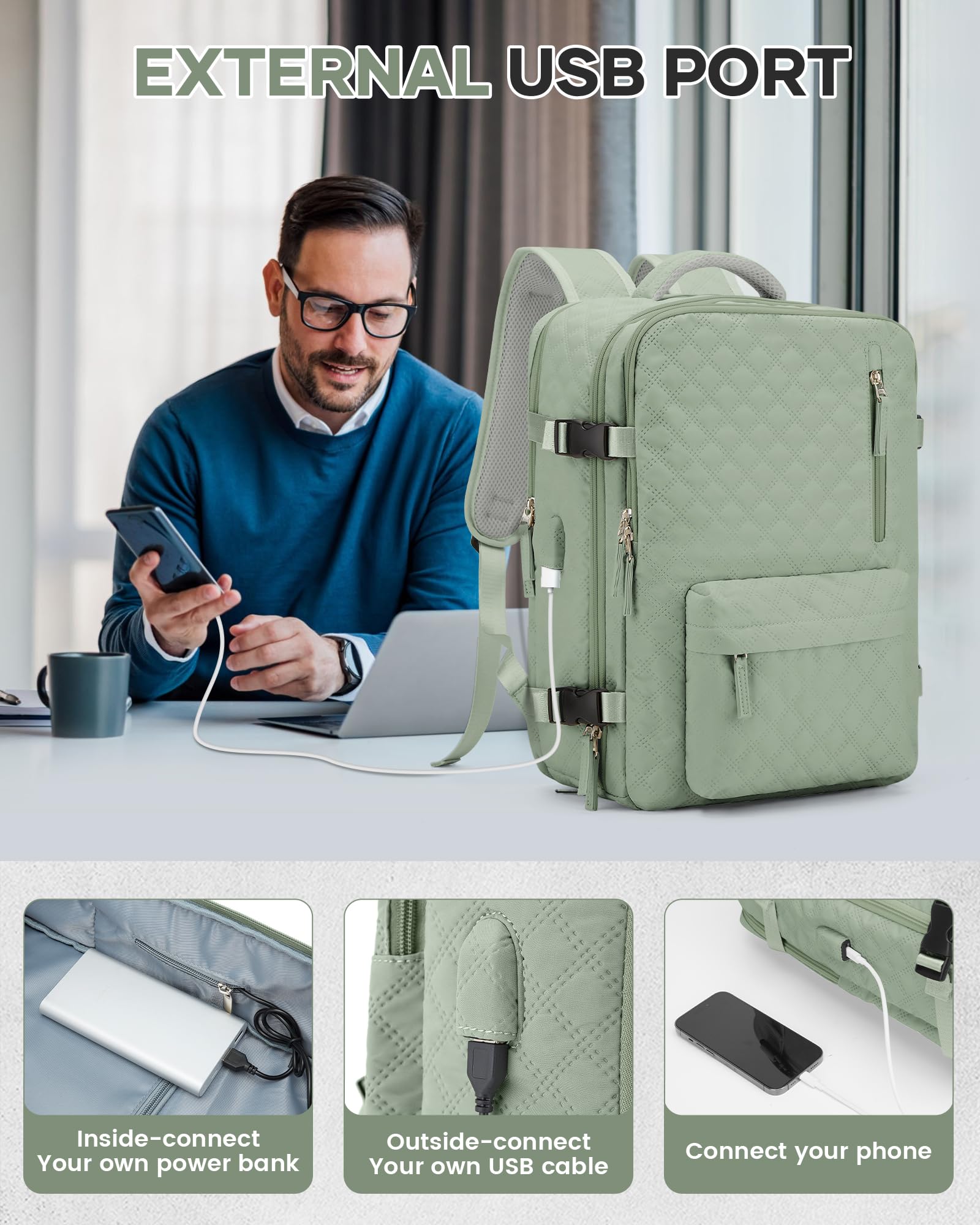 BJLFS Zaino Ryanair 40x30x20 Sottovuoto con Pompa Zaino da Viaggio Ryanair 40x20x25 Borse da Cabina per Wizzair Bagaglio a mano Easyjet 45x36x20 Sottovuoto Zaino Casual per Laptop 14 Pollici Verde