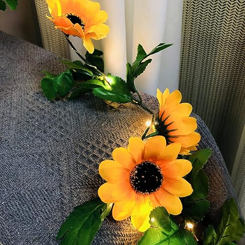 Miniatura 2 de Guirnalda de luces de simulación de girasol, enredaderas colgantes, guirnalda de plantas de seda, enredaderas artificiales de girasol, funciona con