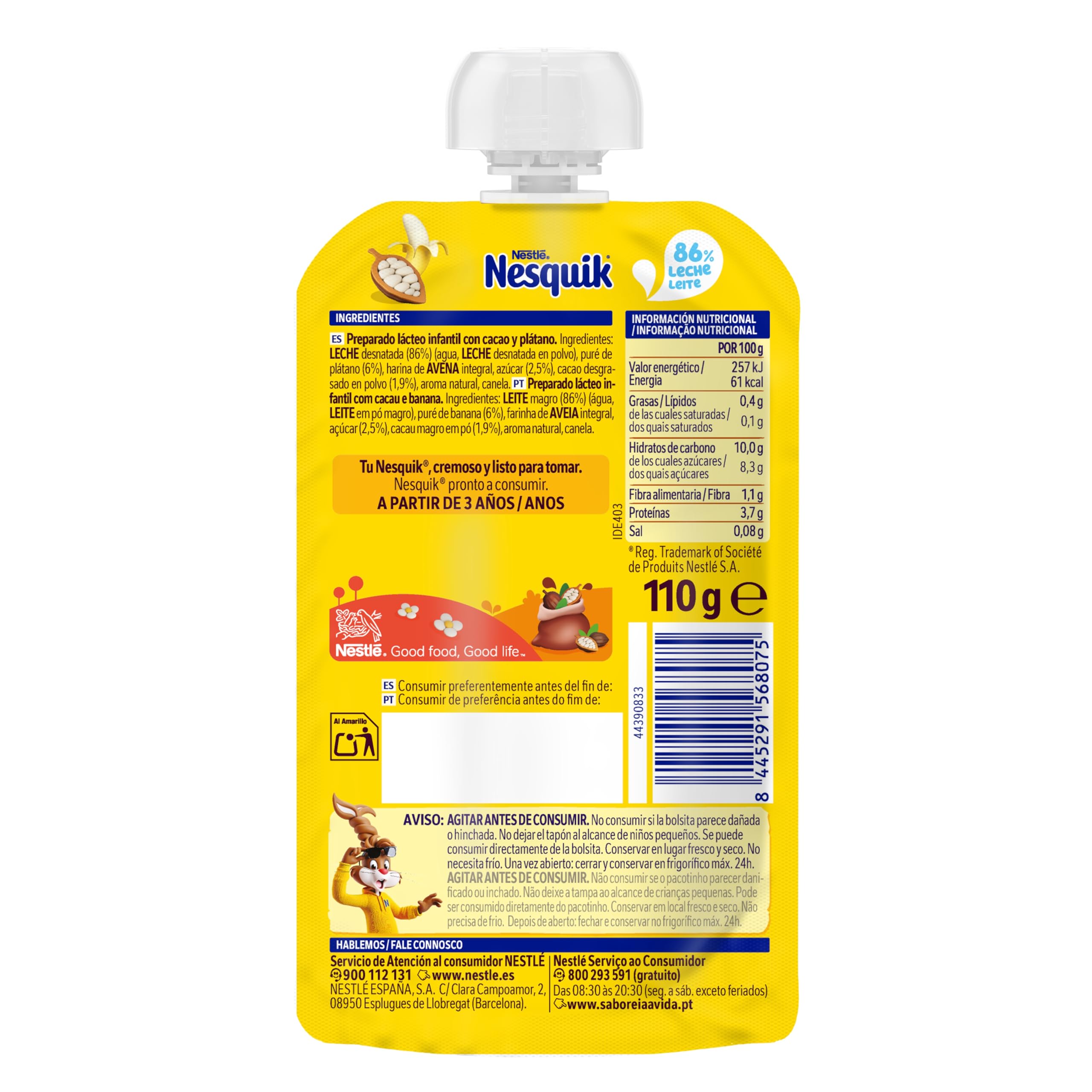 NESTLÉ NESQUIK Cacao Plátano 8 Bolsitas 110g