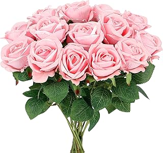 Auihiay 14PCS Pink Fake Roses, Artificial Roses Flowers with Long Stems for Mother's Day, Valentine's Day, Wedding Bouquet, Baby Shower, Birthday, Home & Party Decor