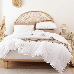 YIRDDEO King Size Comforter Set - King Size Comforter with Ball Pom Fringe, Soft King Bedding Set for All Seasons - 3 Pieces, 1 Comforter (104"x90"inches) & 2 Pillow Shams(20"x36"), White