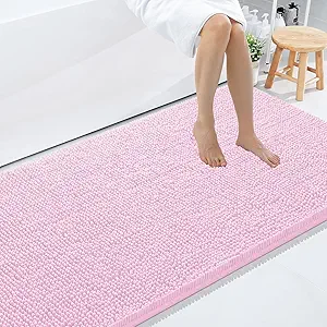 Smiry Luxury Chenille Bathroom Rugs 59x35, Extra Soft and Absorbent Shaggy Bath Mat, Machine Washable, Non-Slip Plush Carpet Runner for Tub, Shower, and Floor, Home Decor Accessories, Pink