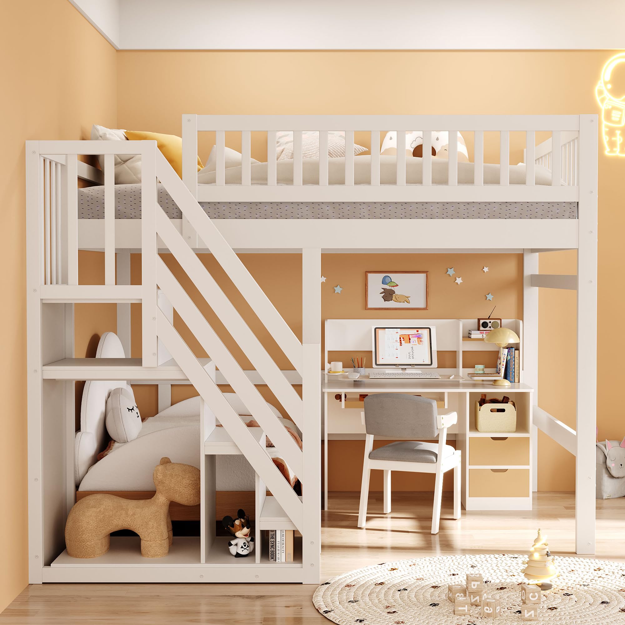 Etagenbett 140x200, Kinderbett Hochbett mit Treppe und Aufbewahrungsschrank, Funktionsbett Doppelbett Stockbett Spielbett Kinderhochbett Jugendhochbett mit Lattenrost, Massivholz, Ohne Matratze, Weiß