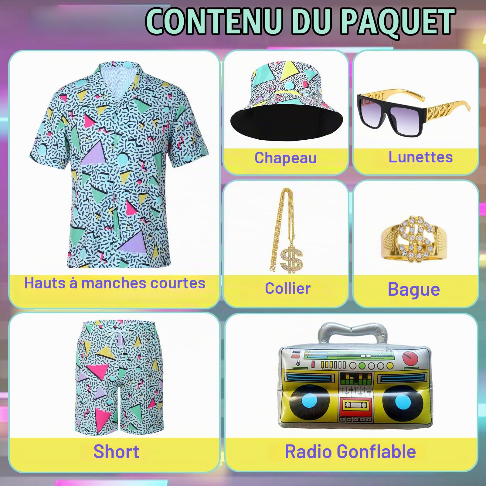 Déguisement Année 80 Homme Femme, Costume Annee 80 Rétro Manches Courtes et Shorts avec Le Chapeau Accessoires Disco, Costume Années 80 Survêtement Carnaval Disco Soirée