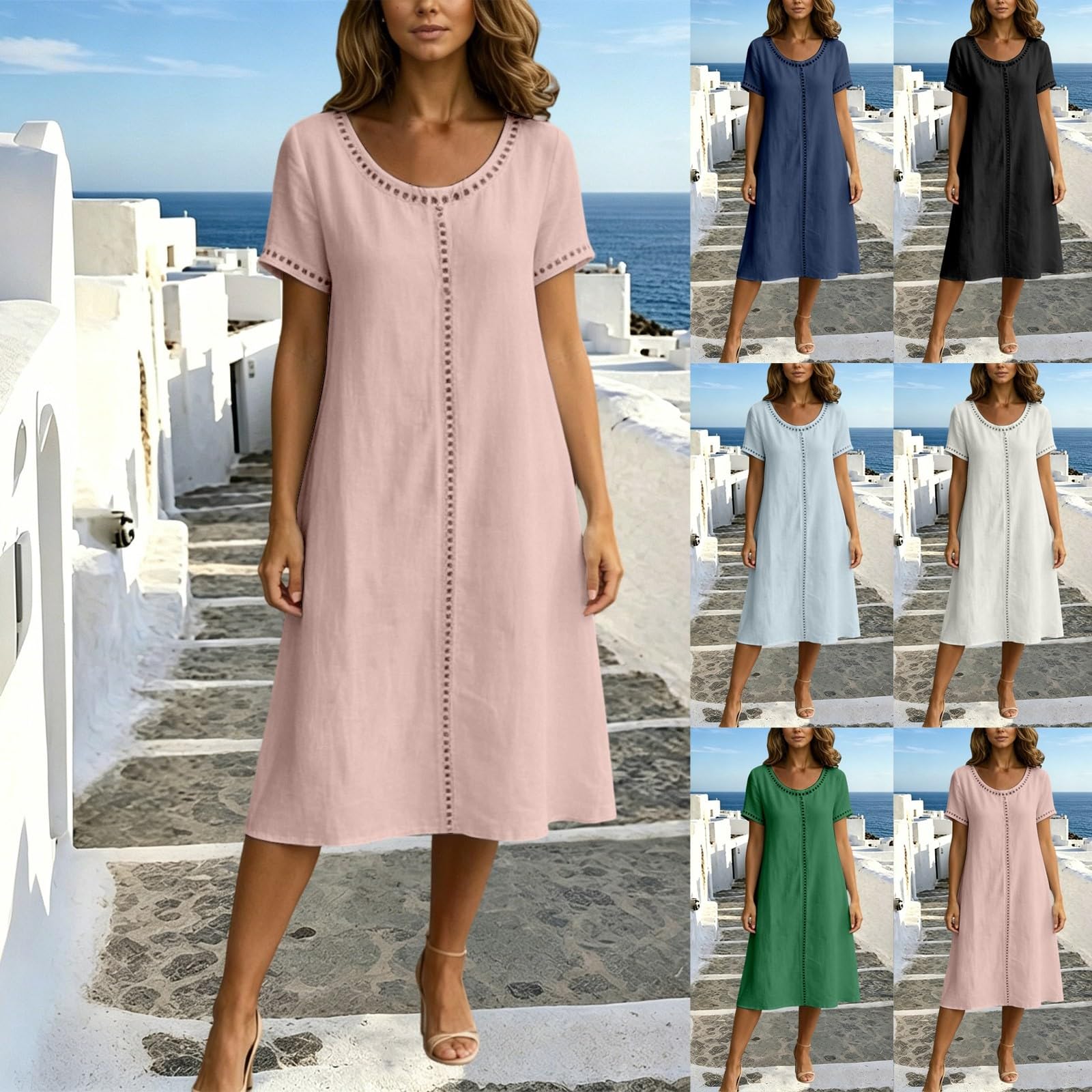 Leinenkleid Damen Sommer Baumwolle Leinen Kleid Kurzarm Sommerkleid Leicht und Luftig Freizeitkleid Elegant Strandkleid Locker Tunika Kleider Boho Sommerkleider Loungewear