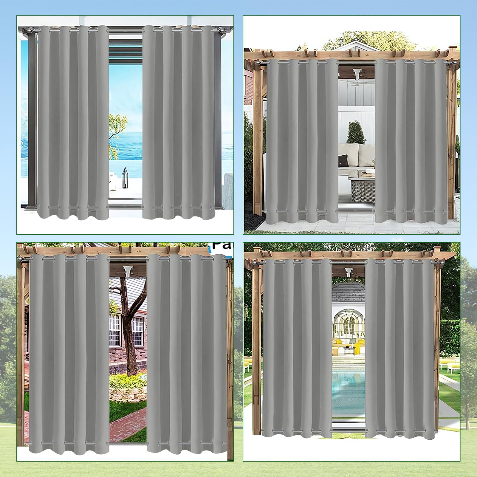 Rideau Extérieur Imperméable 254 x 213 cm (L x H), Rideaux Pergola Extérieur avec Œillets Haut et Bas, Résistant aux Intempéries, pour Pergola, Terrasse, Jardin, Tonnelle, 1 Panneau, Gris Clair
