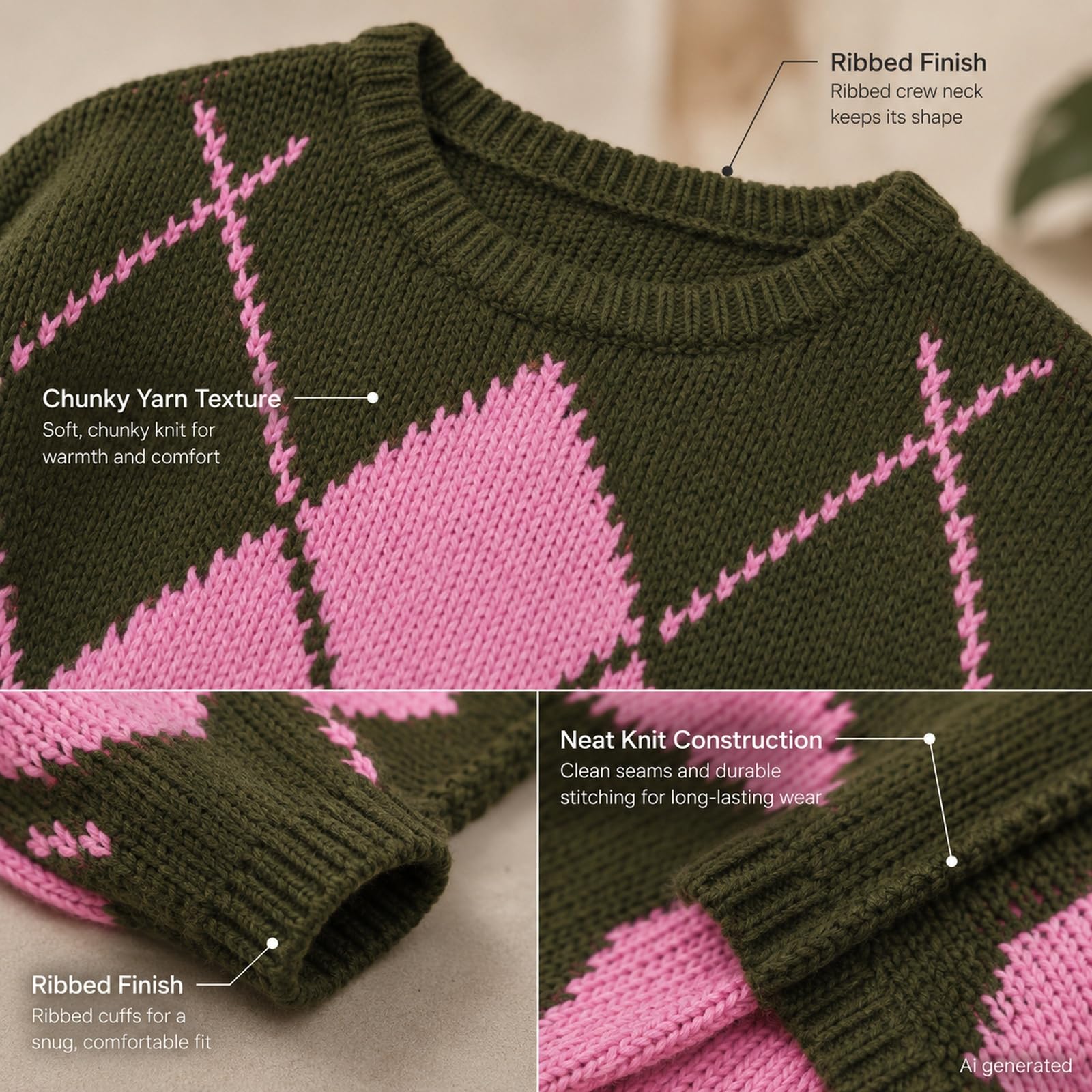 Damski sweter Argyle z okrągłym dekoltem z długim rękawem luźny sweter z