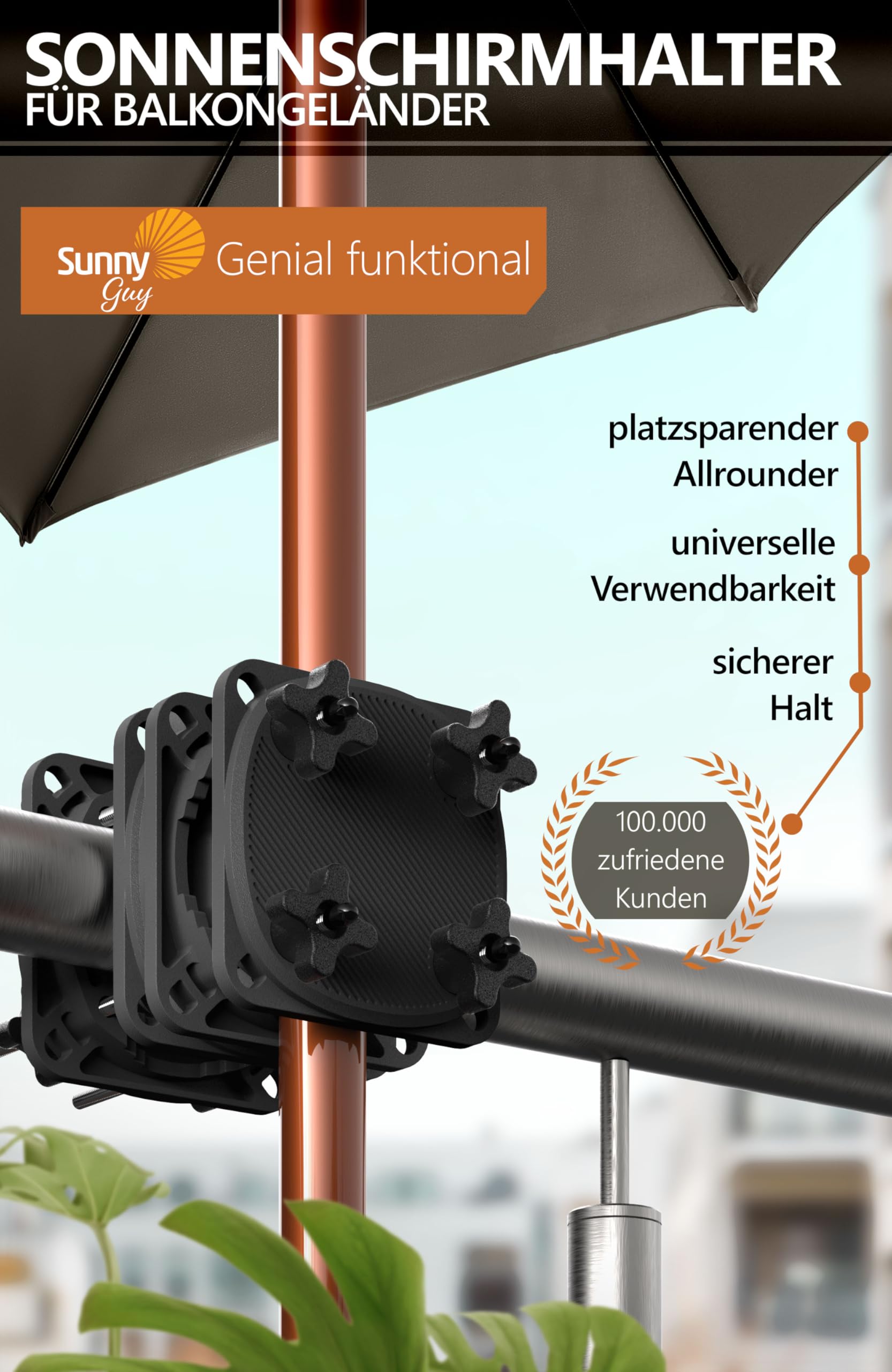 4smile SunnyGuy uchwyt do parasola balkonowego na balustradę, kolor czarny – niezawodny, uniwersalny uchwyt do parasola na balkon – kompaktowy uchwyt do parasola na balustradę balkonową, zastępujący