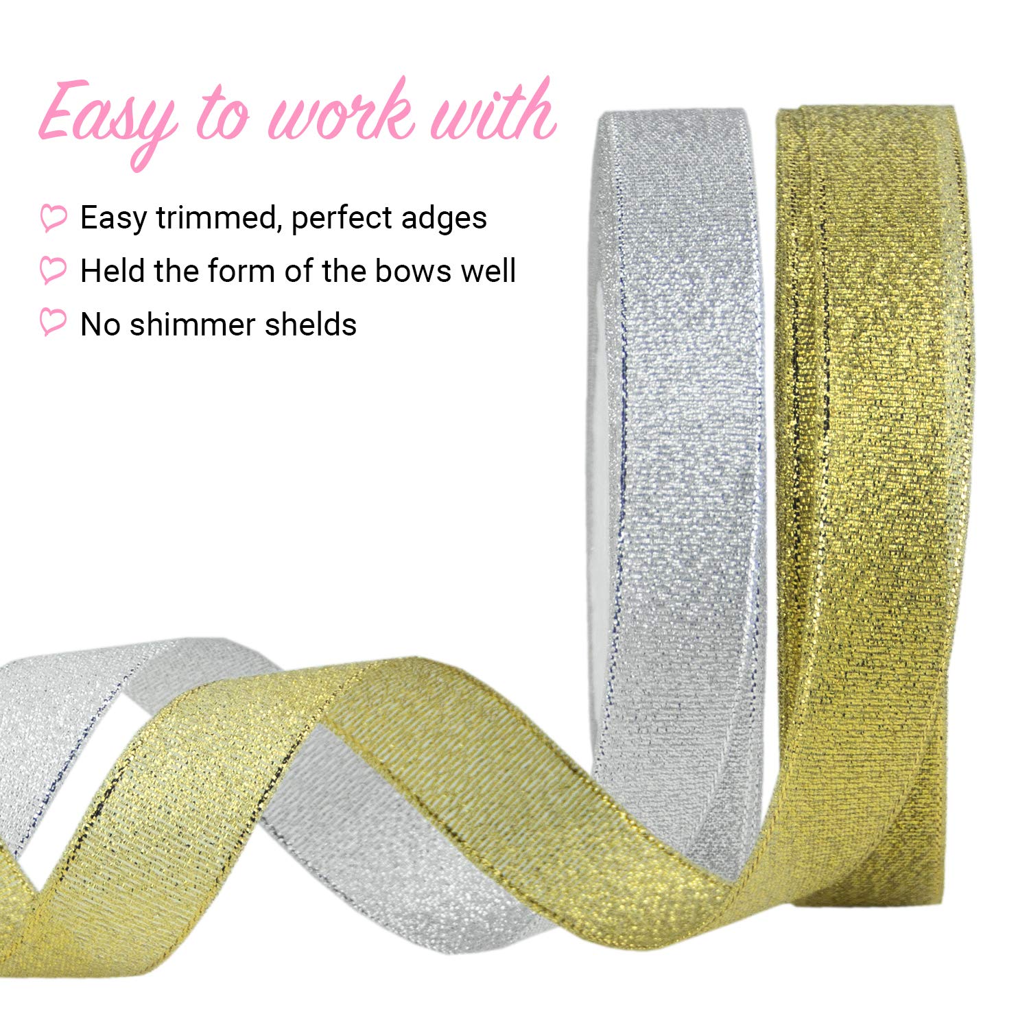 Colored Metallic Glitter Ribbon For Craft,4 Roll 1/4inch Silver Gold Glitter Ribbon For Gift Wrapping DIY Craft,Wedding Party Christmas...