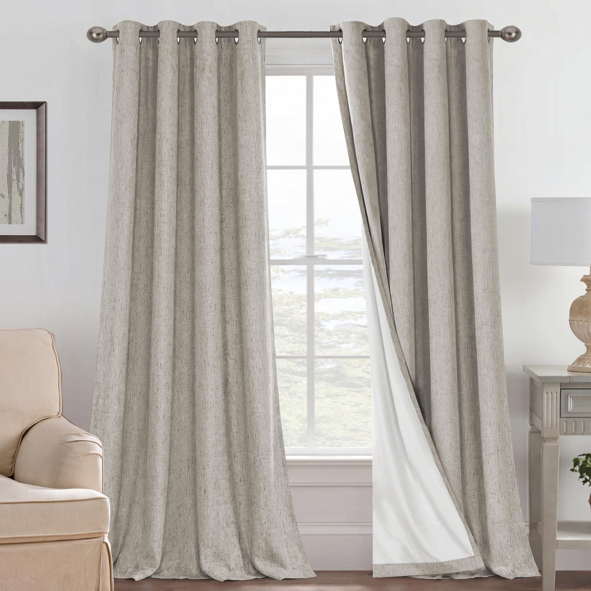 H.VERSAILTEX Blackout Curtains Linen Curtains 120 inches Long 100% Black Out Curtains for Bedroom Windows, Textured Linen Look Draperies Grommet with White Liner, 2 Panels, Stone