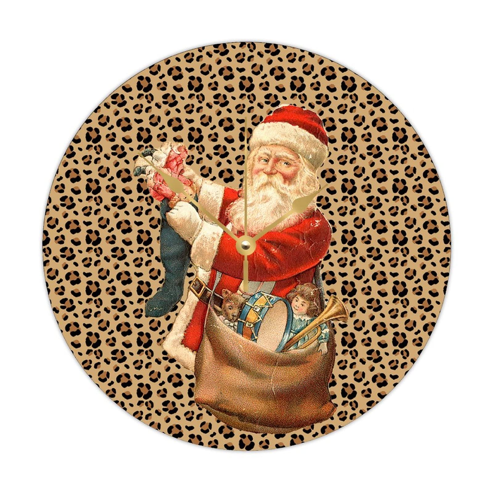 Horloge ronde en bois Père Noël et léopard de 38 cm pour une décoration murale festive