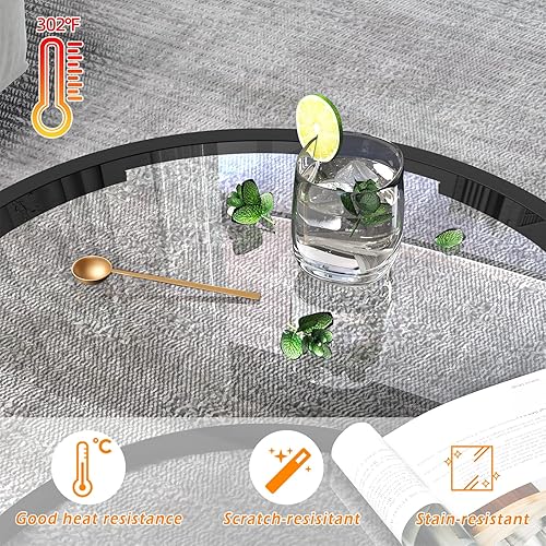 Miniatura 4 de Mesa de café redonda, pequeña mesa de café negra para sala de estar, mesa central moderna de 27" con tapa de vidrio transparente y marco de metal